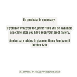Small text disclaimer about anniversary promotional pricing and purchasing options for event photos.