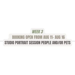 A studio portrait session promotional banner with booking dates and text about people and pets against a light background.