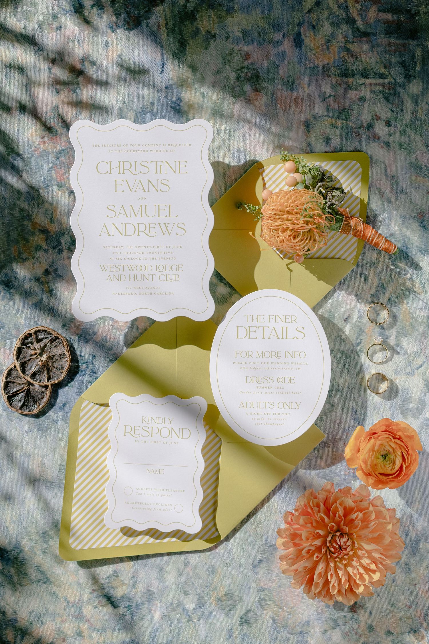 Wedding invitation suite in white and gold with peach ranunculus and dahlia flowers on a painted background, Westwood Lodge NC Photographer