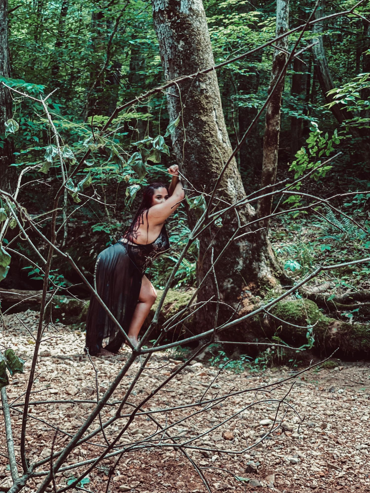 A sequence of action shots showing climber traversing across rock wall in lush green forest setting.