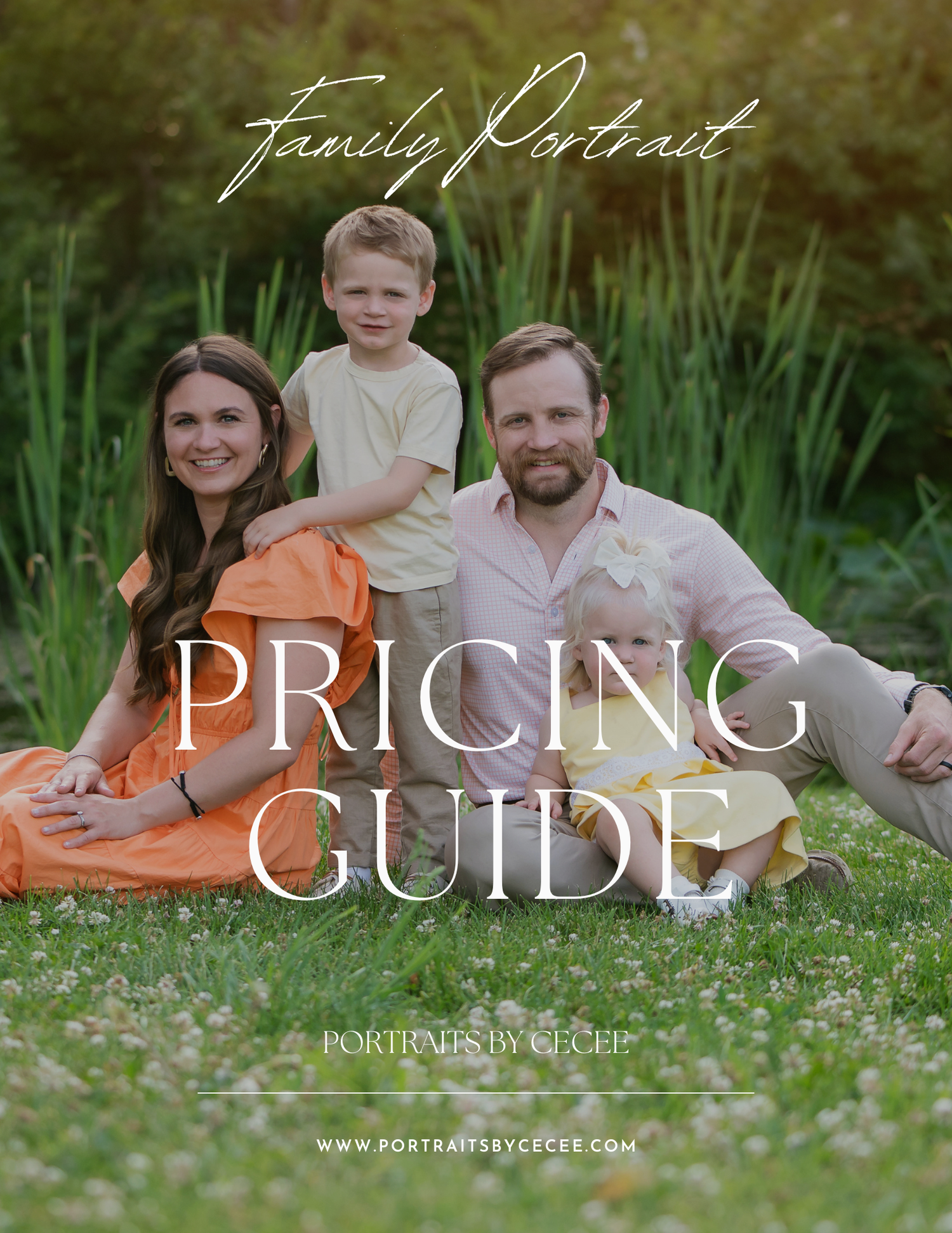 Family portrait pricing guide design with casual outdoor photo session.