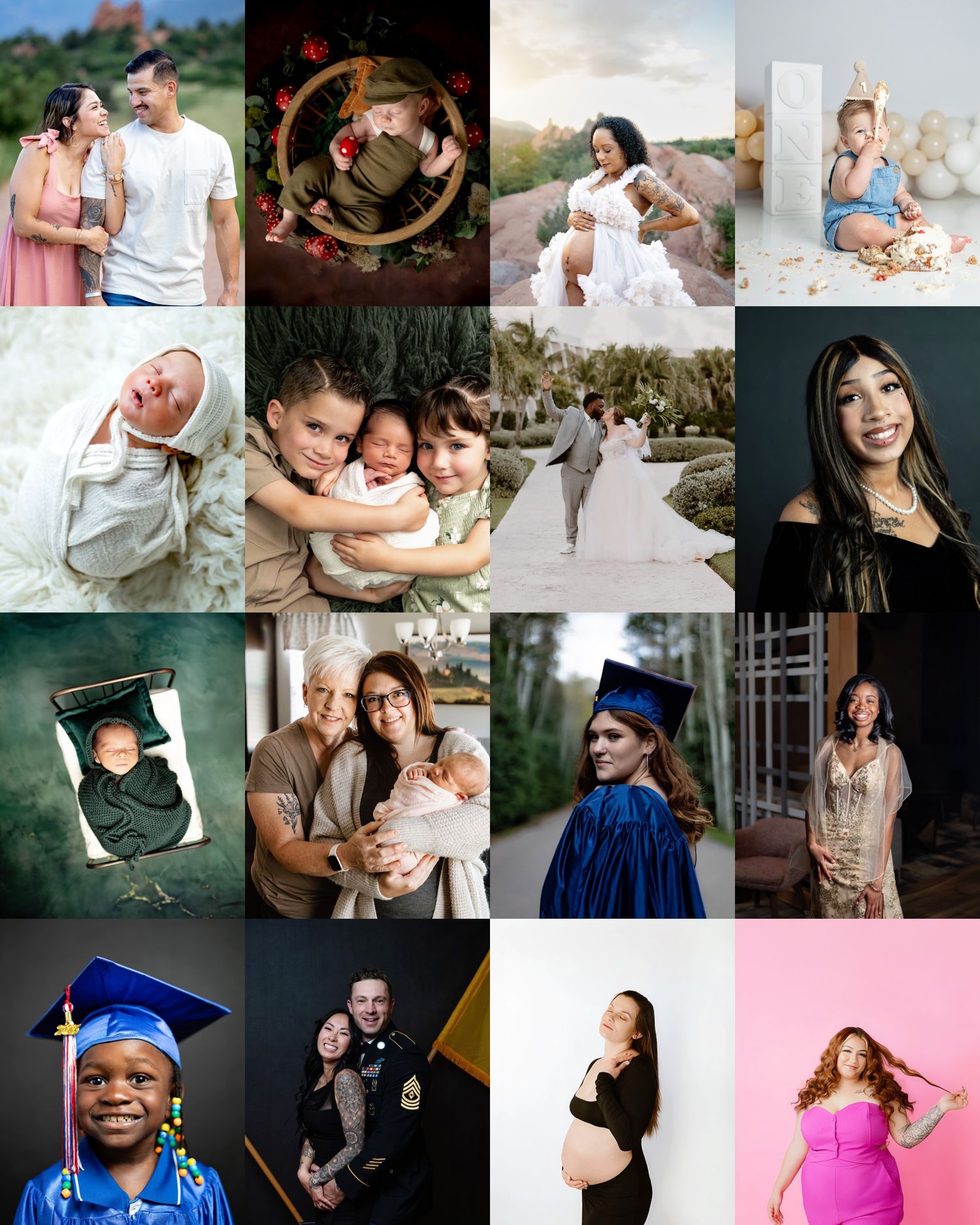 A collection of romantic and lifestyle photography showing intimate moments, portraits, graduations and celebrations.