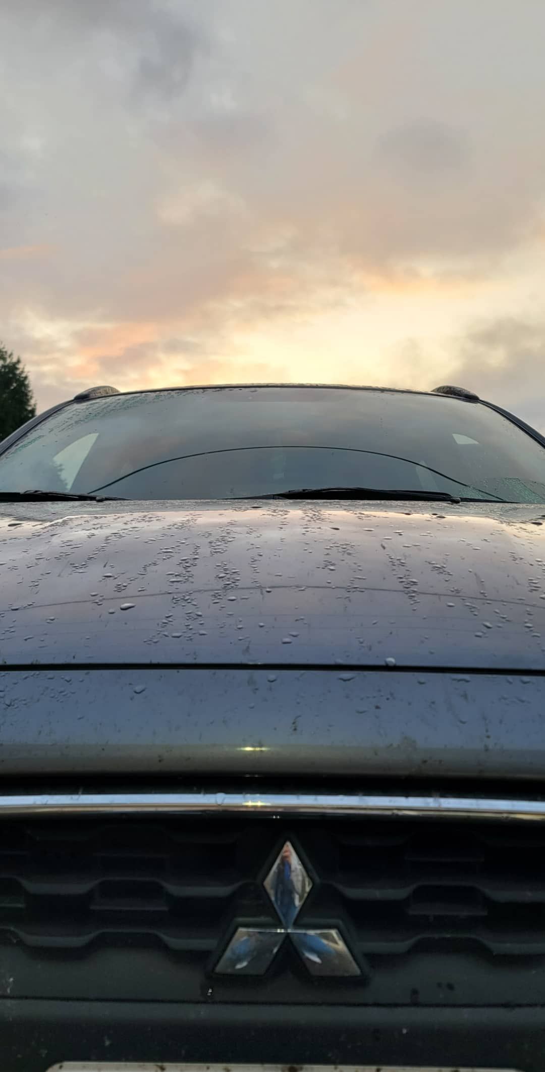 Close-up of a rain-covered car hood at sunset
