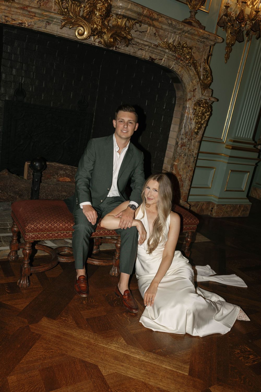 Bride and groom in elegant attire at Filoli Gardens, Woodside CA, during a romantic summer engagement session