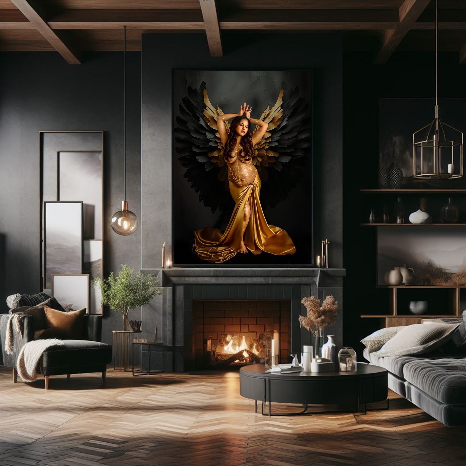 Dramatic dark interior room with hardwood floors illuminated by warm golden light from a dramatic hanging light fixture.