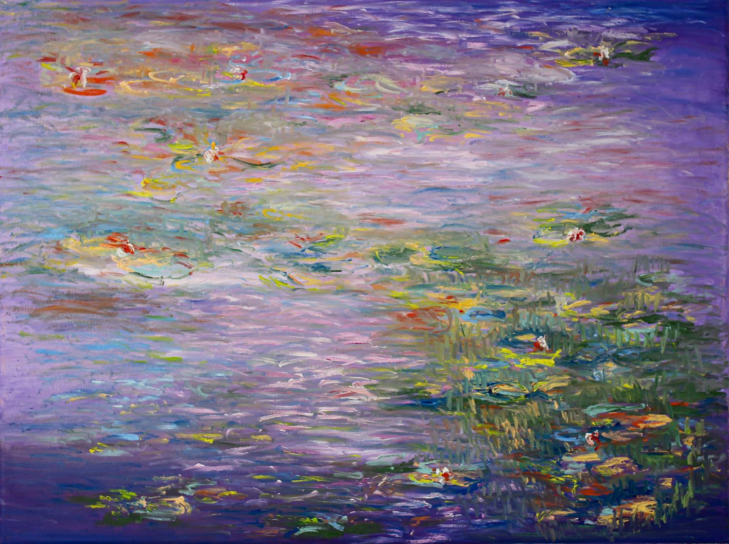 An impressionist style painting of water lilies floating on a purple-hued pond with vibrant greens and orange accents.