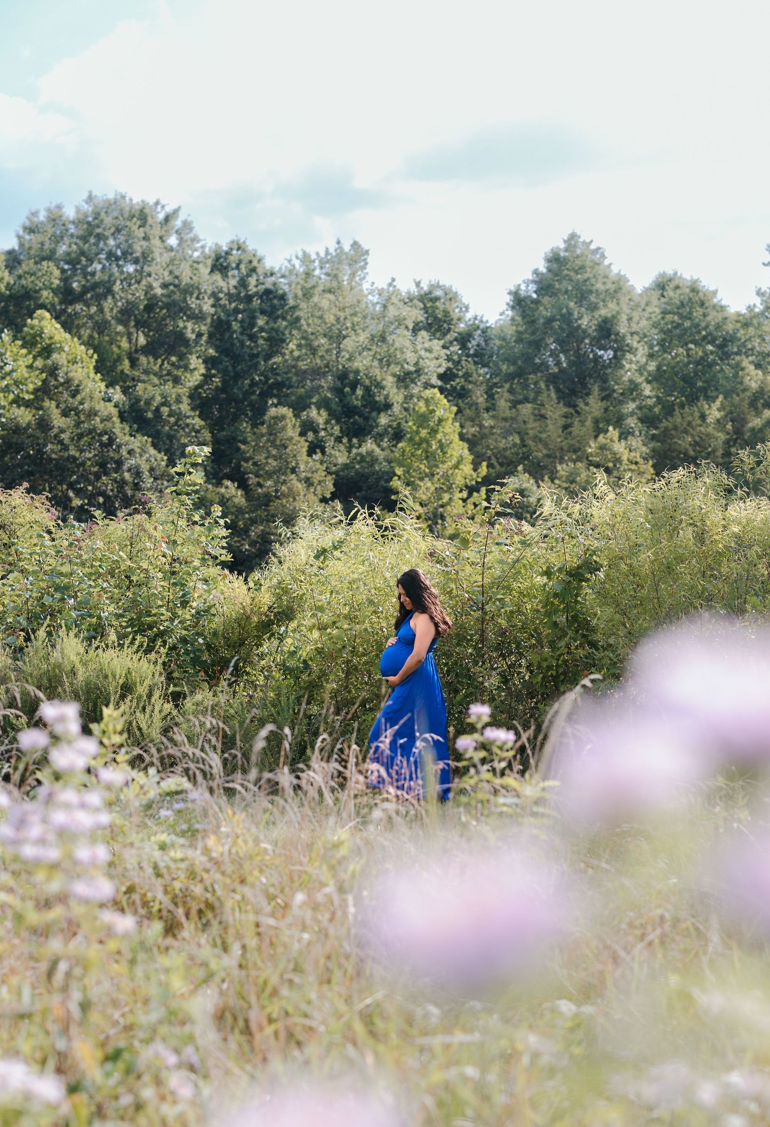 Silhouette of maternity shoot in blue dress standing among wildflowers with trees in background.