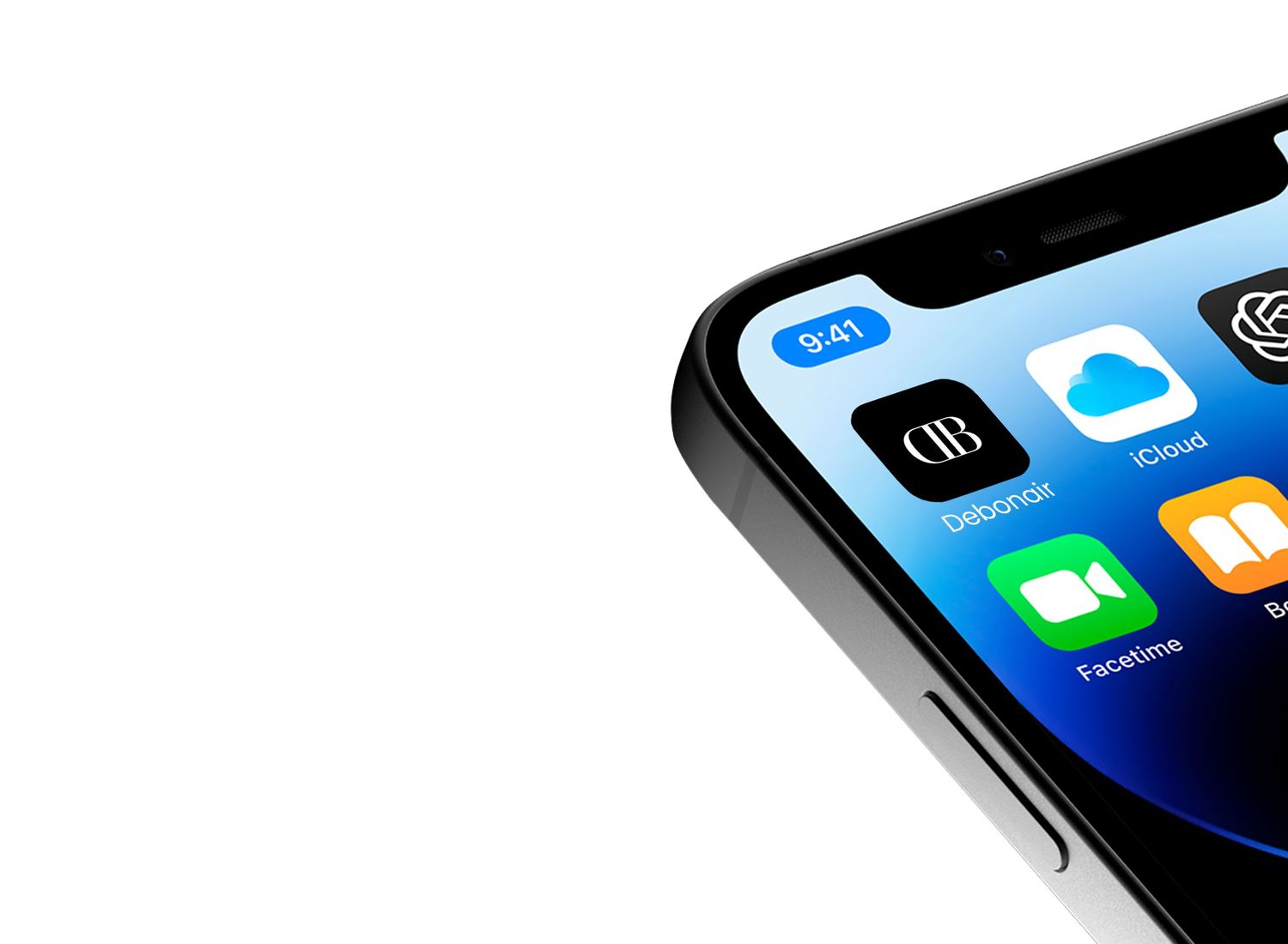 Corner of modern iPhone displaying colorful app icons on blue screen against white background.