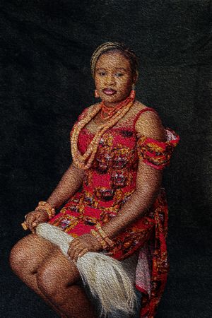 Photography Oil painting Textured portrait of Igbo bride wearing a vibrant red patterned dress with beaded jewelry against dark background.