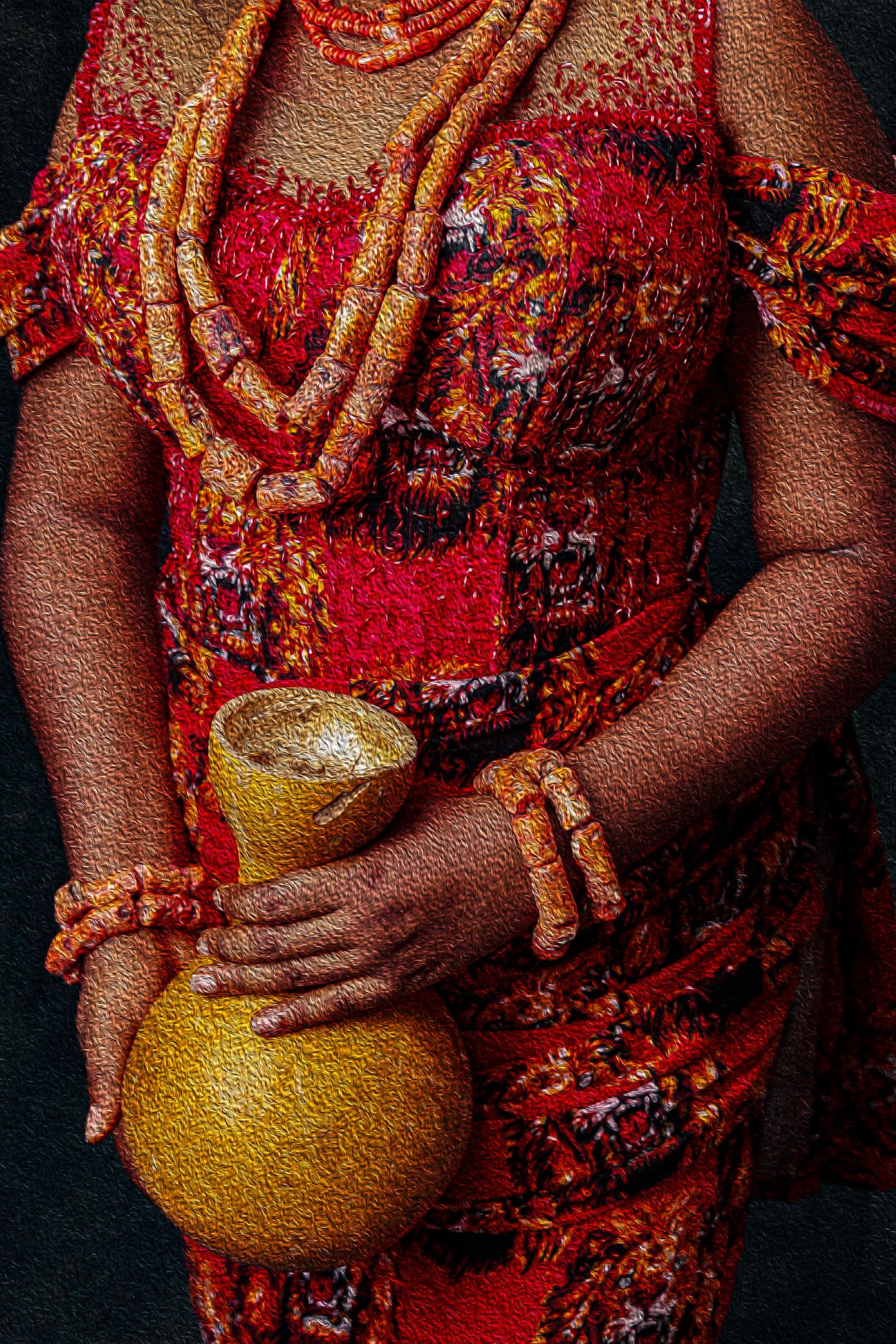 Photography Oil painting Close-up of an Igbo brides red traditional dress with beaded necklaces and bracelets holding a golden calabash.