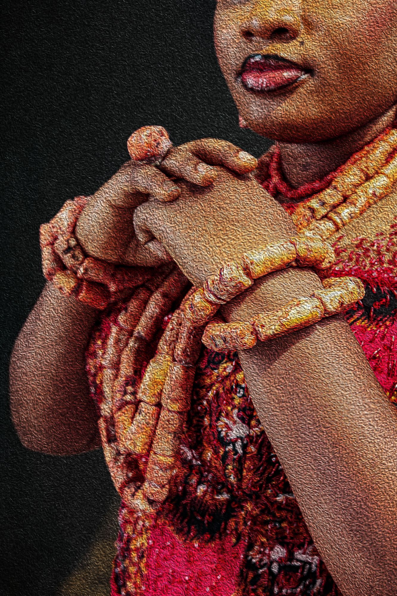 Photography Oil painting Close-up of traditional beaded jewelry and red dress of an Igbo bride.