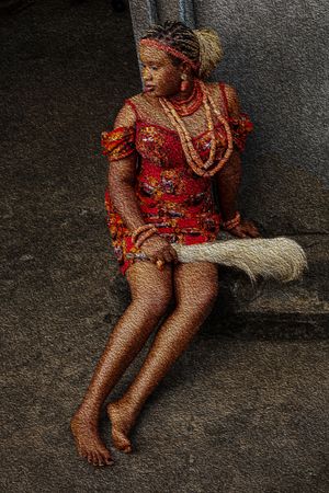 Photography Oil painting  Traditional attire of an Igbo bride with beaded accessories and horsetail in artistic portrait.