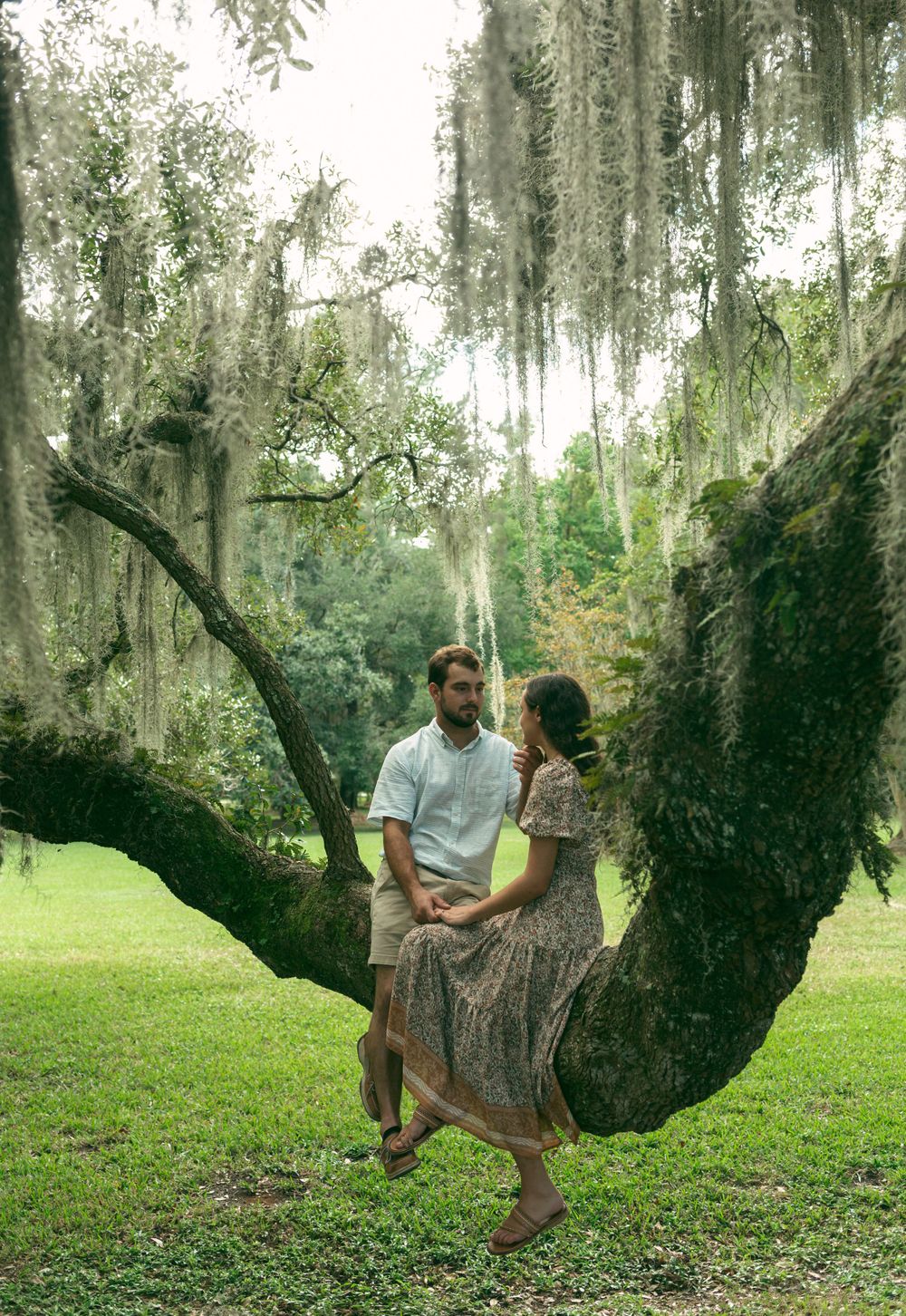 Couple sharing an intimate moment while sitting on a curved tree branch in a serene garden setting.