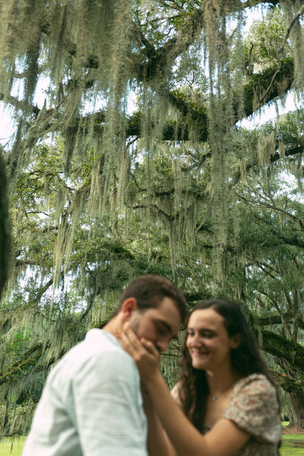 A tender moment shared beneath hanging Spanish moss in a Southern garden.