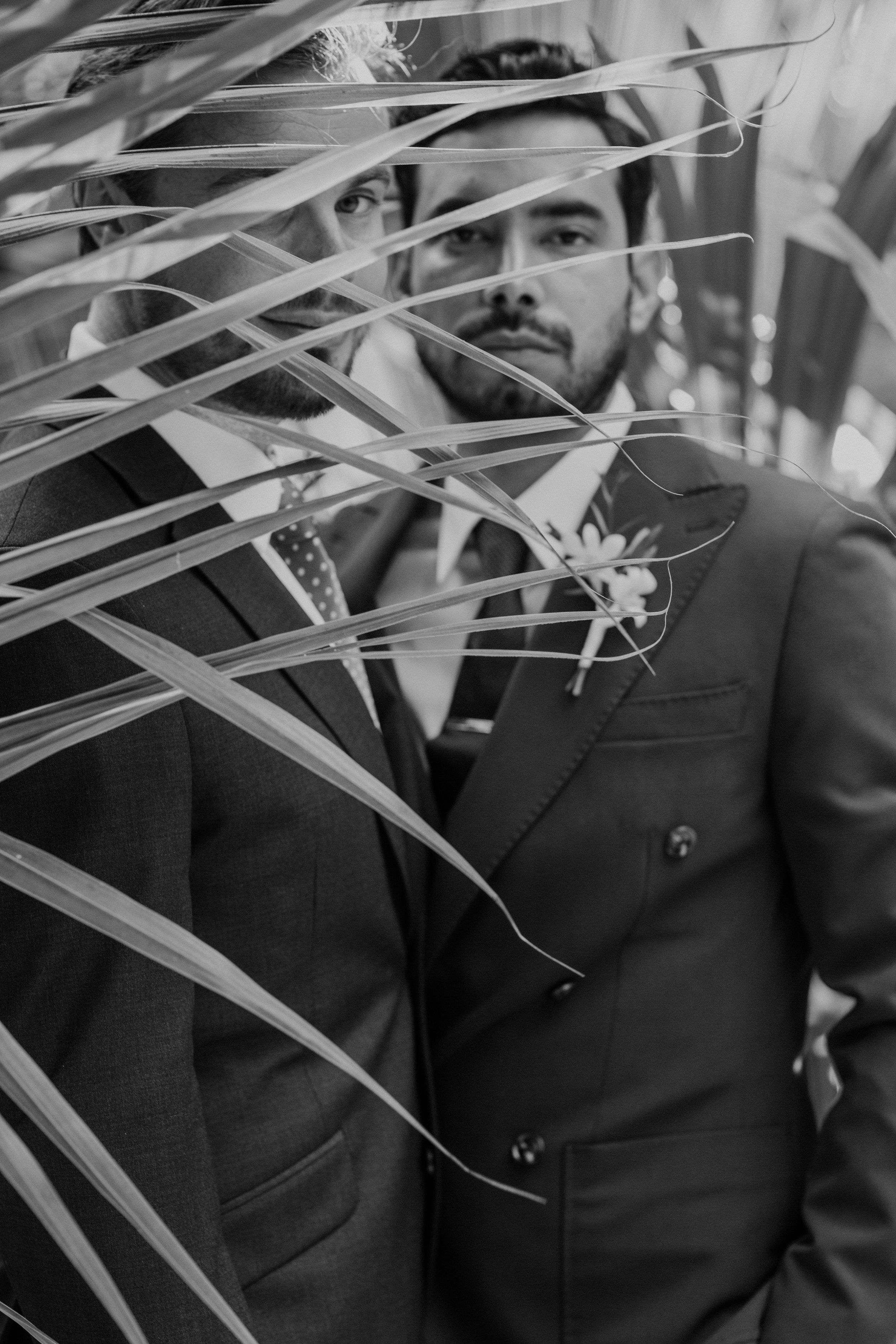 Black and white portrait of a groom in a suit with boutonniere, framed by tropical palm leaves.