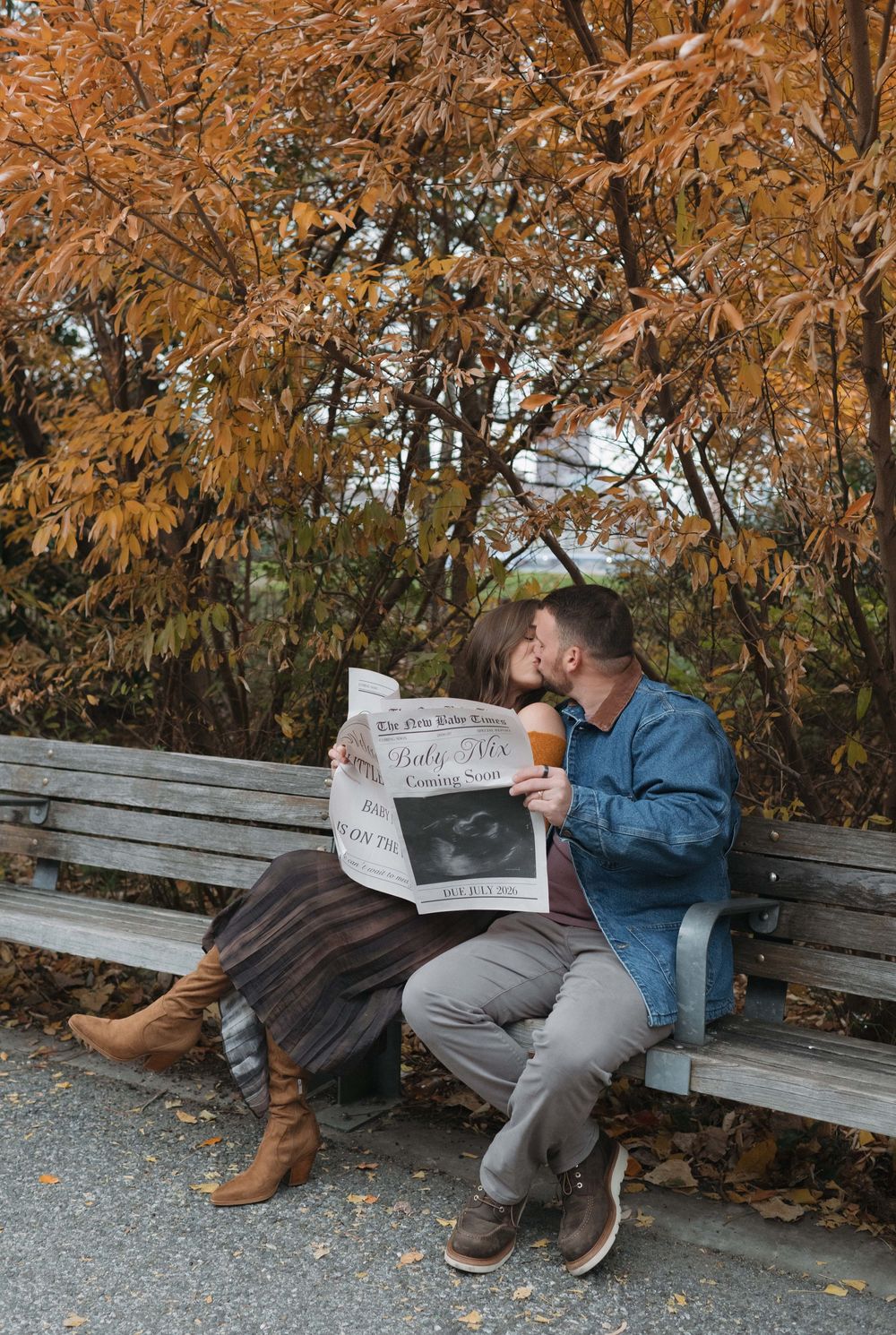 A sequence of four photos showing two people sitting on a park bench surrounded by autumn trees with orange leaves.