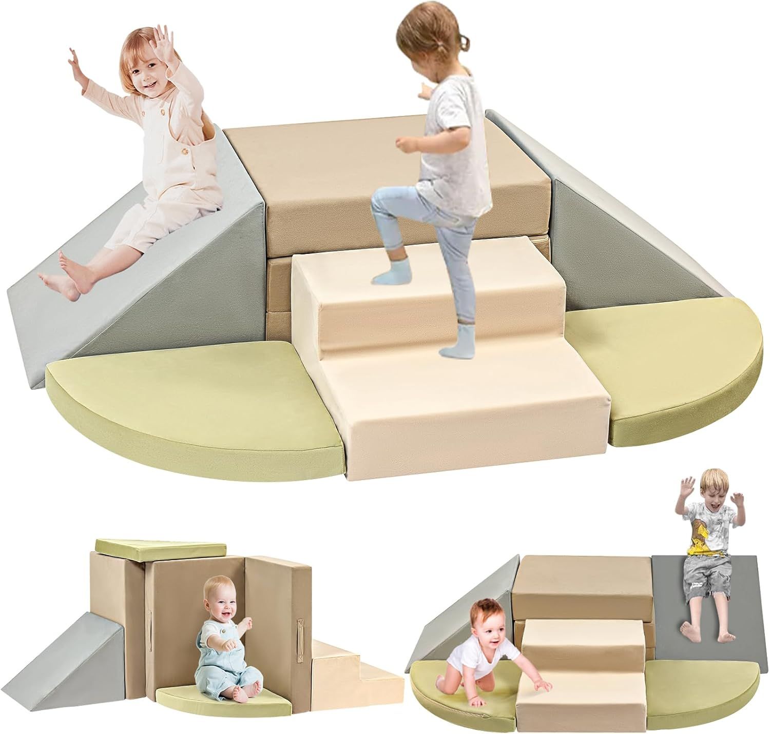 3D illustration showing progressive stages of a figure climbing and falling on geometric platforms with soft yellow and beige tones.