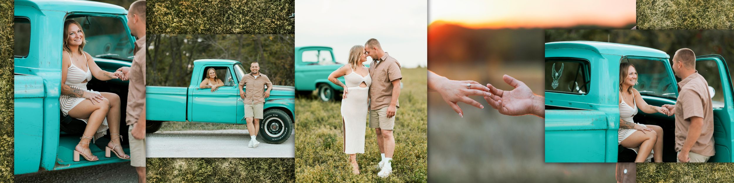 A vintage turquoise pickup truck serves as a backdrop for a series of romantic engagement photos in a rustic outdoor setting.