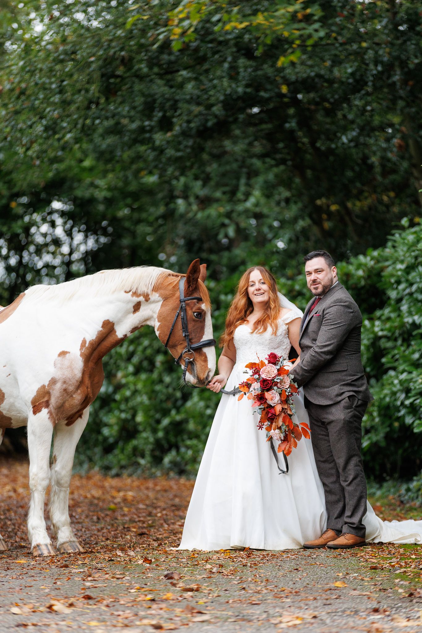 A series of photos showing a person with red hair interacting with a dark horse in a soft-focus outdoor setting.