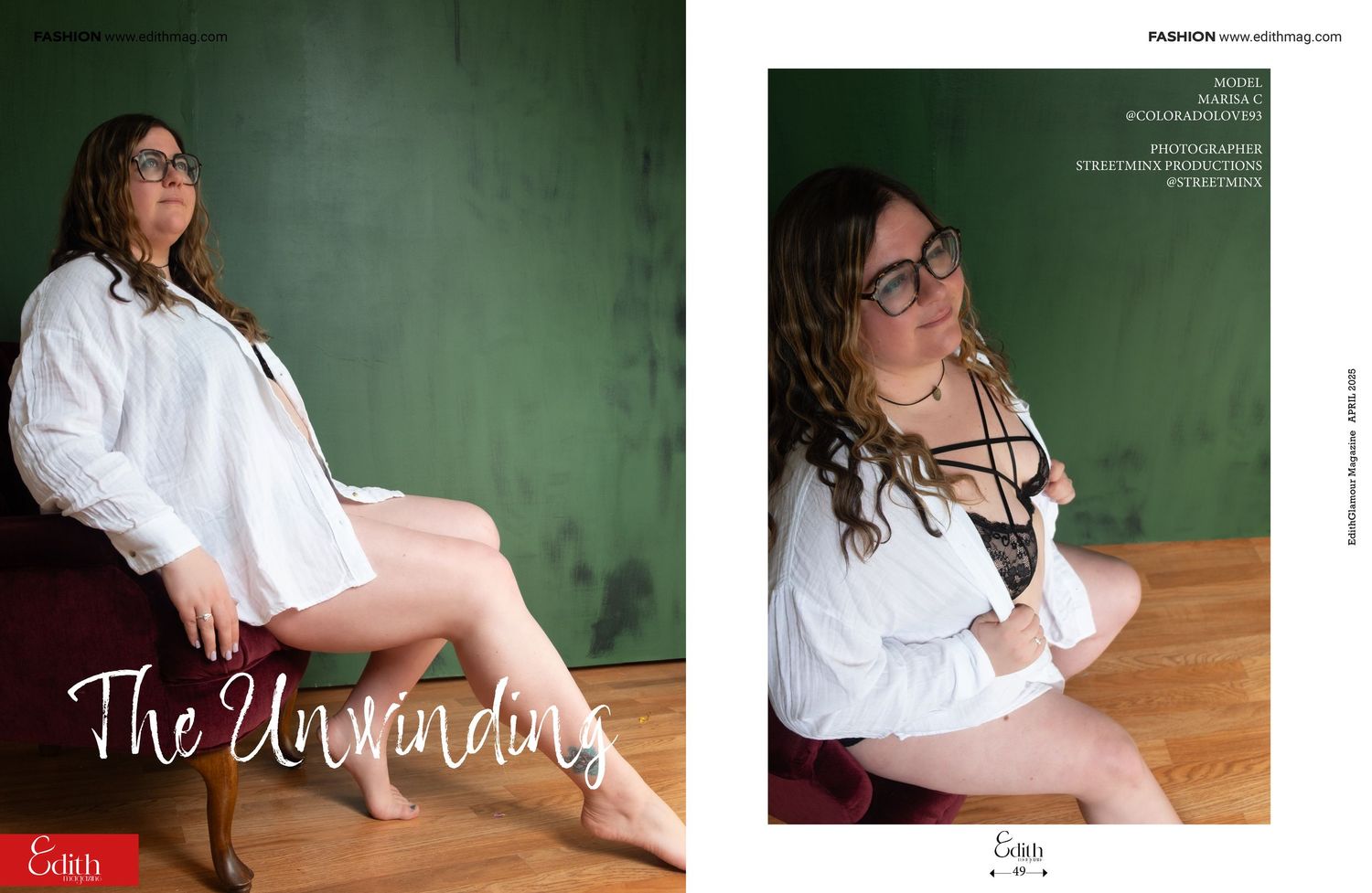 Two editorial fashion photographs featuring someone in a white shirt posed against a green background.