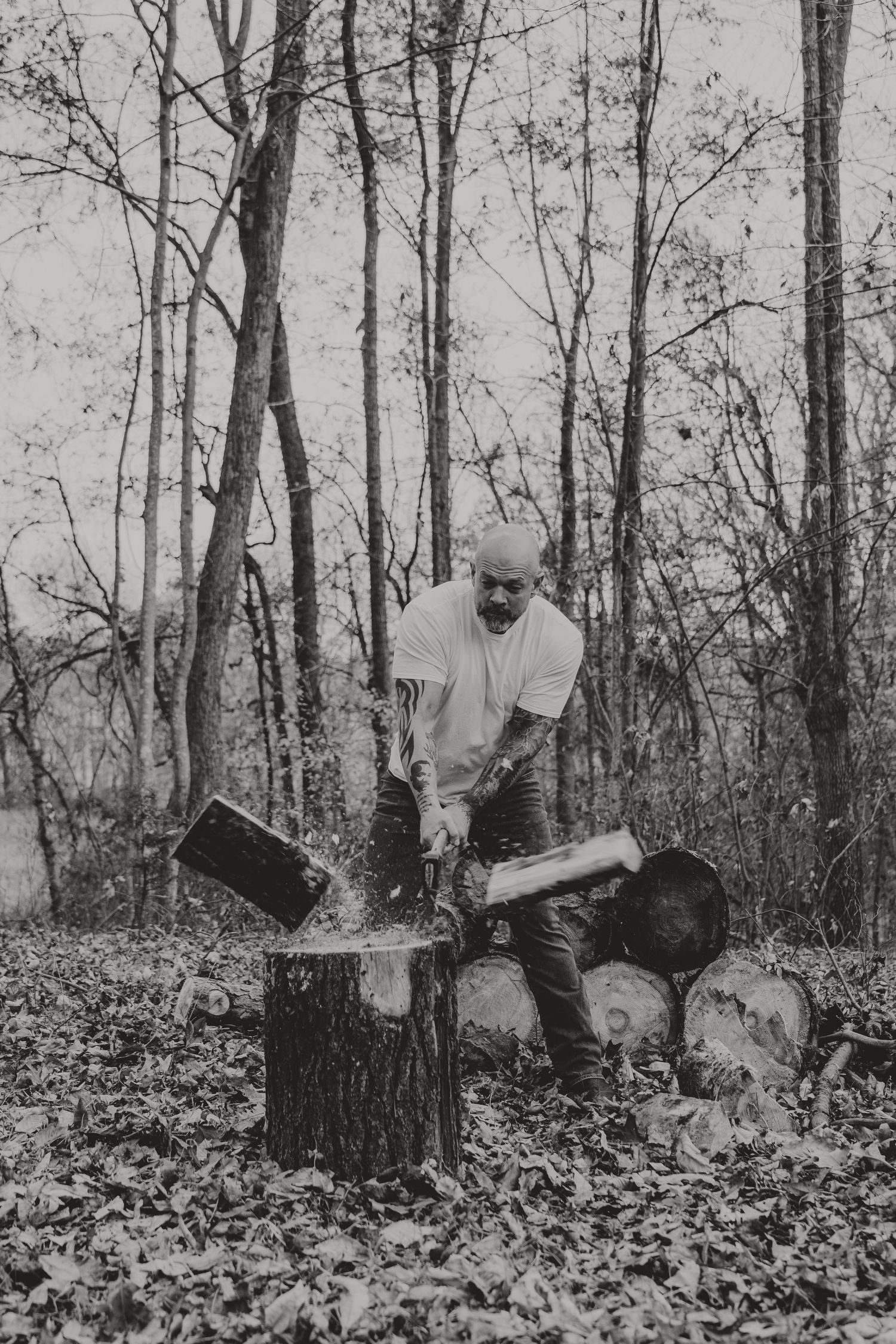 Historical black and white photo sequence showing a person chopping down a tree in a wooded area.