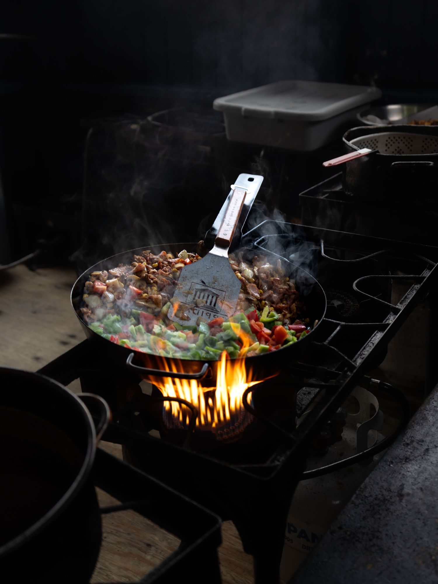 Stir fry cooking over flames in a dark kitchen with dramatic lighting.
