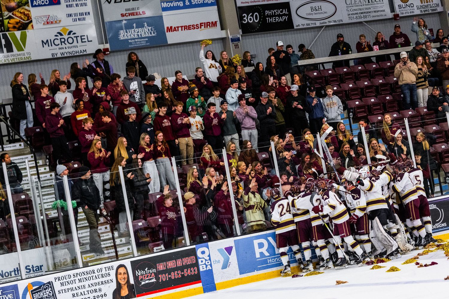 Hockey fans cheer from crowded arena stands during an exciting game moment with multiple sponsor banners visible above.
