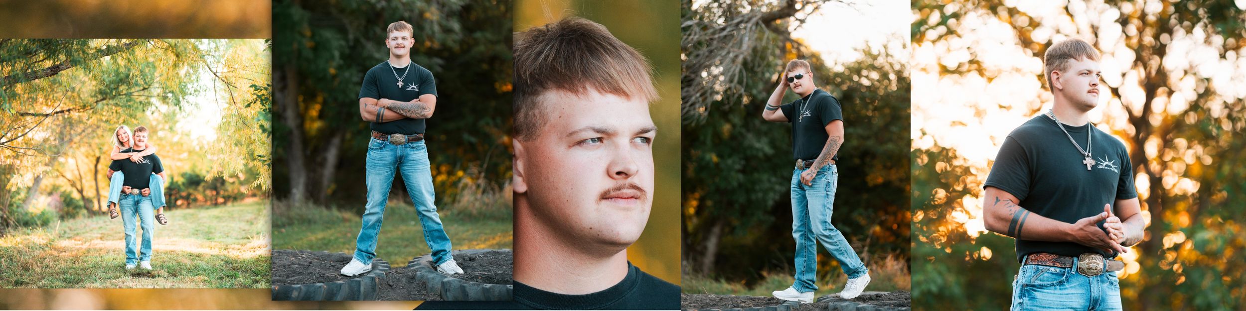 A series of outdoor wedding photography shots showing candid moments and poses in a natural setting with trees and sunlight.