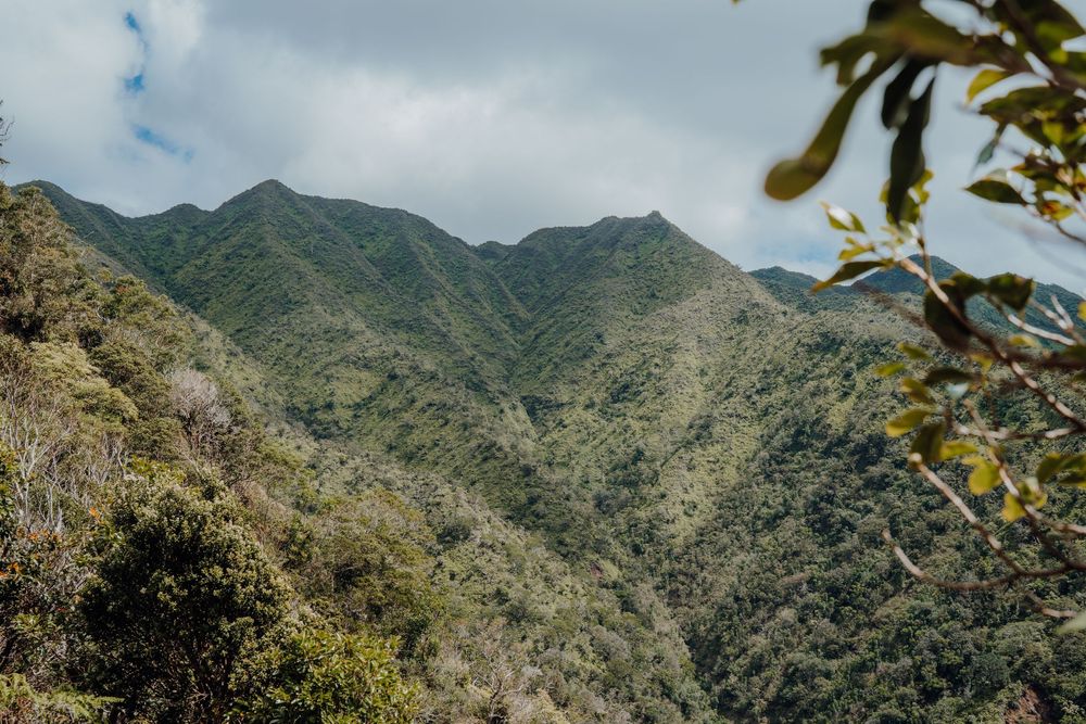 Dramatic mountain ridges and valleys stretch across a tropical landscape.