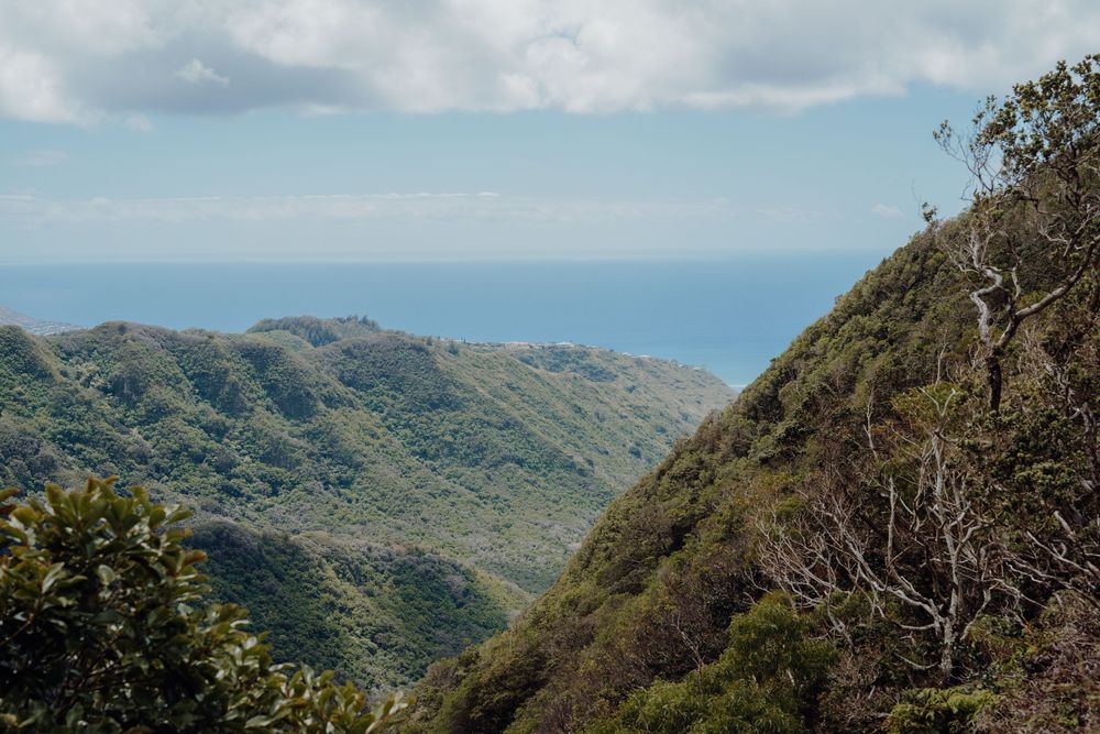 Scenic mountain landscape with lush green vegetation and cloudy skies in Hawaii.