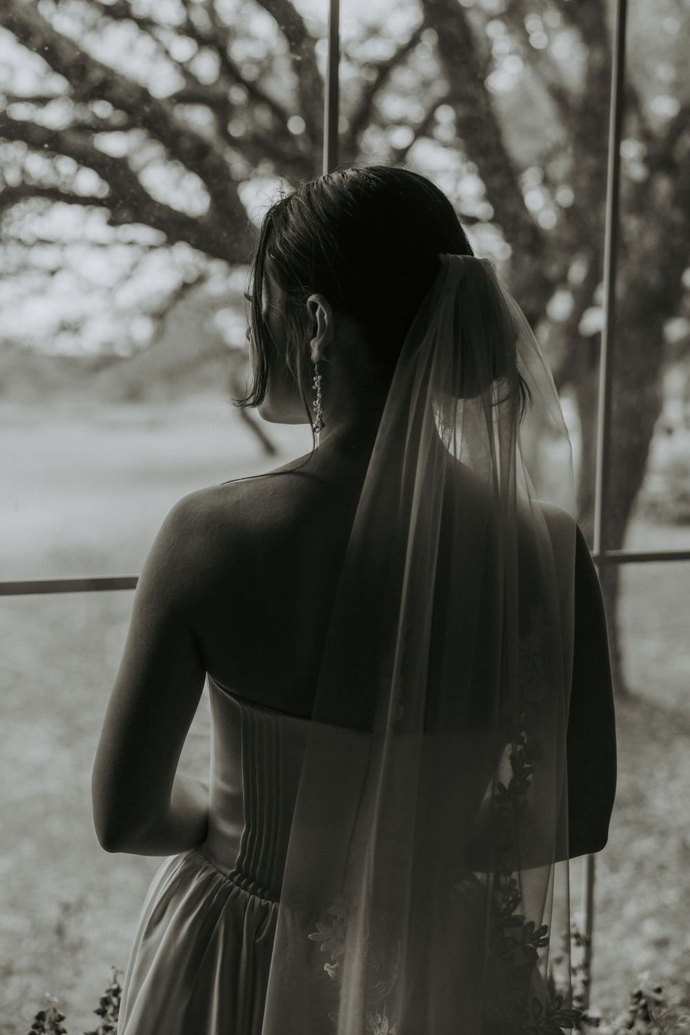 Silhouette of bride in wedding dress and veil against natural outdoor backdrop.