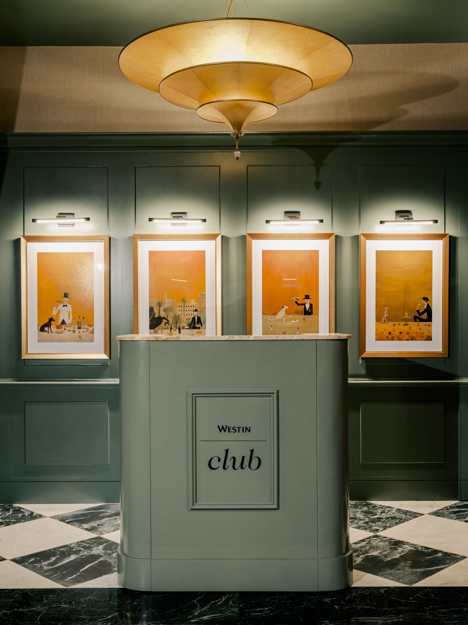 Art gallery wall in sage green displays a series of framed photographs under mounted lighting fixtures.