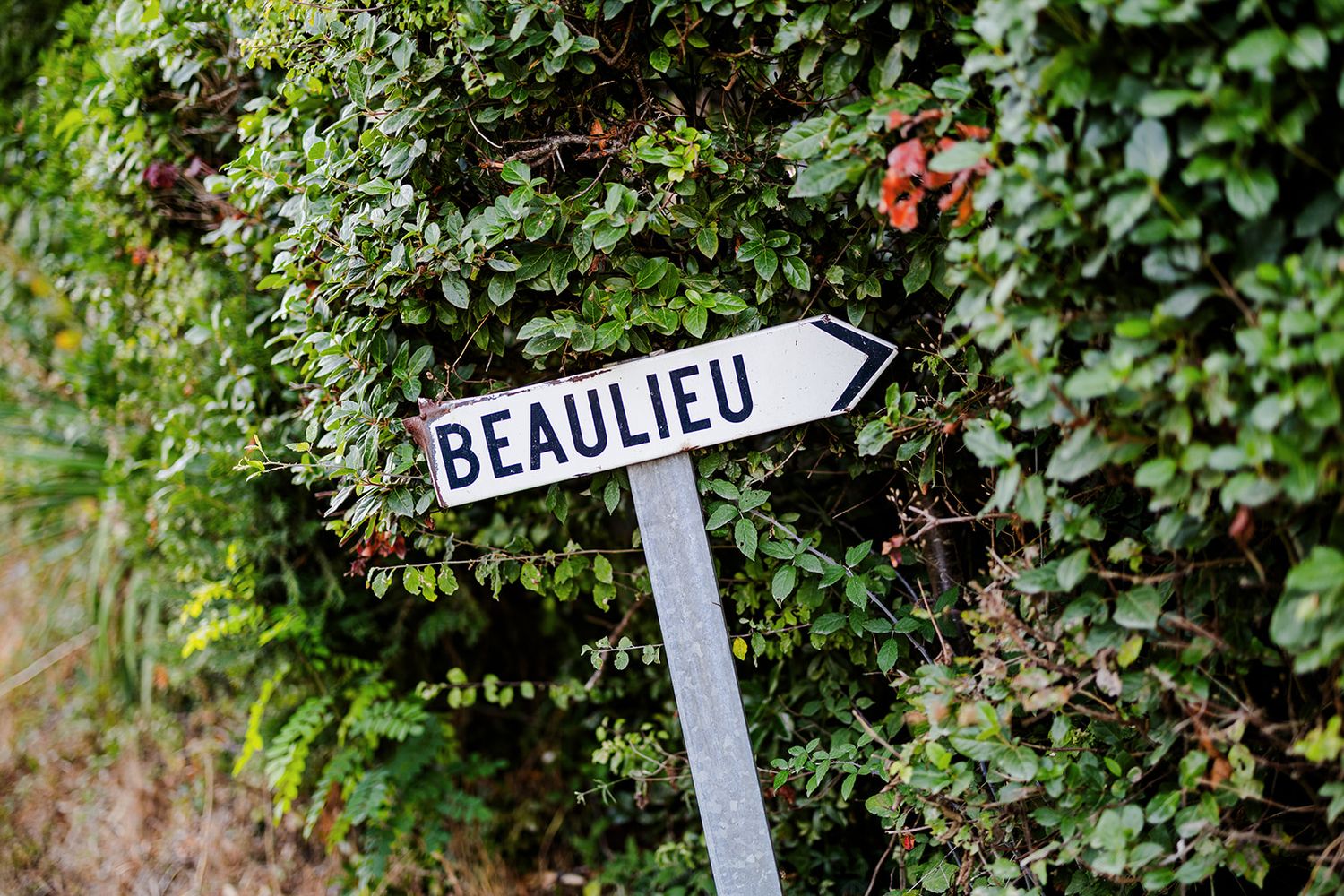 A directional sign reading 'Beaulieu' mounted on a post against lush green foliage.