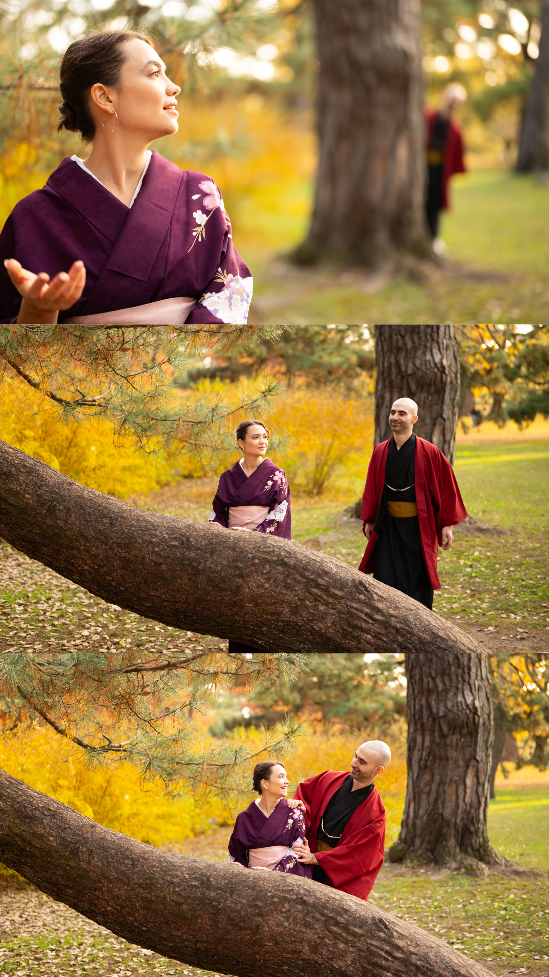 Couple in traditional Japanese kimono posing among golden autumn foliage in a serene park setting.