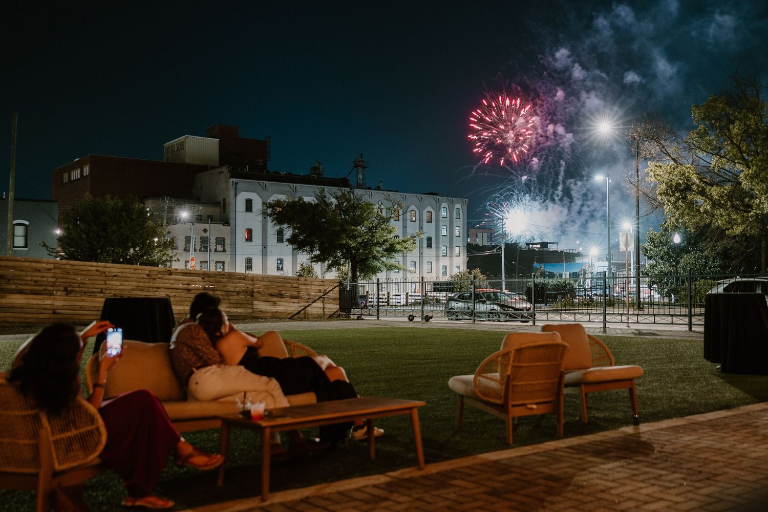 fireworks from smokies game at Mill & Mine Knoxville wedding, Tennessee wedding photographer