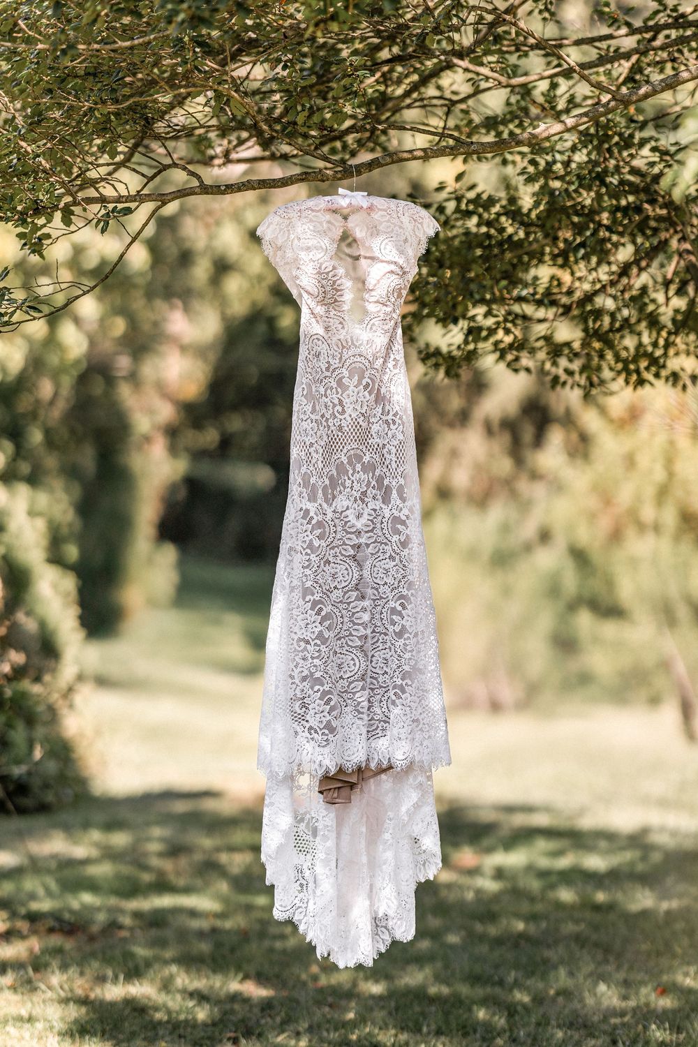 Delicate white lace wedding dress hanging from tree branches in natural outdoor setting.