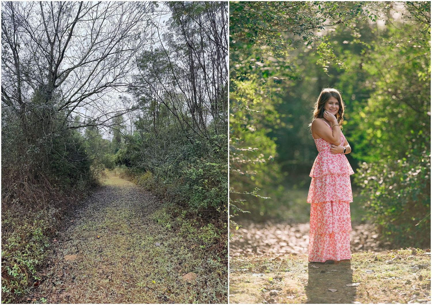 A series of outdoor nature path photographs showing someone in a pink dress walking through wooded areas in different poses.