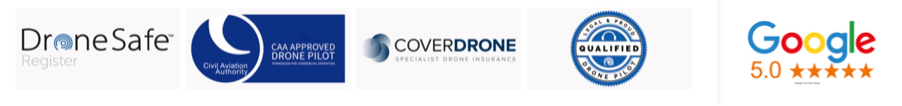 A row of company logos including DroneSafe, Google Trusted, and other certification badges arranged horizontally.