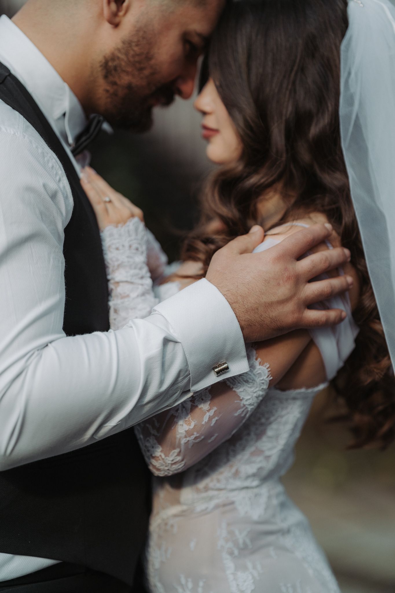 A romantic series of wedding photos showing intimate moments between newlyweds sharing passionate kisses.