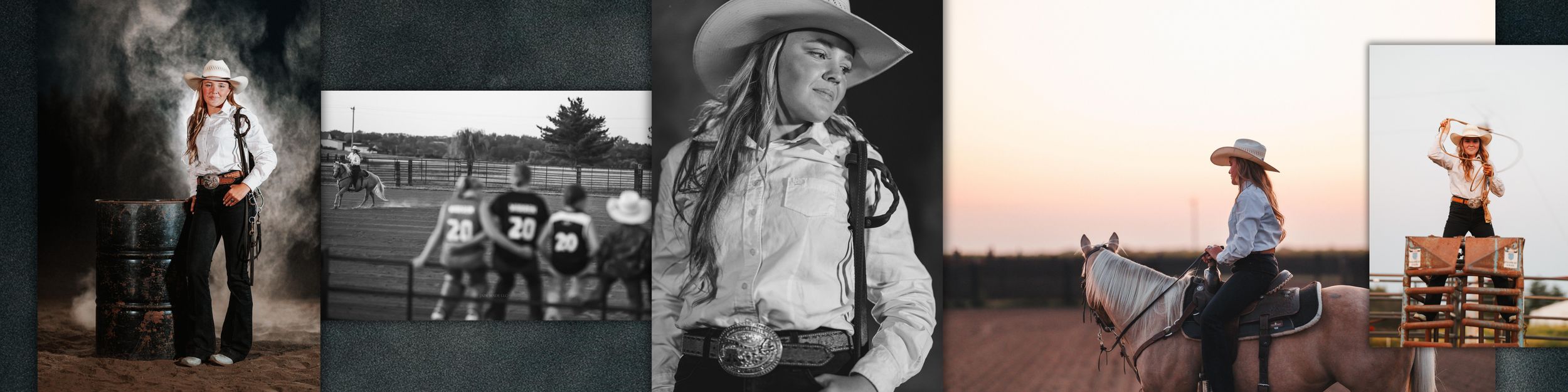 A series of black and white and color photos showing outdoor portrait photography sessions at sunset.
