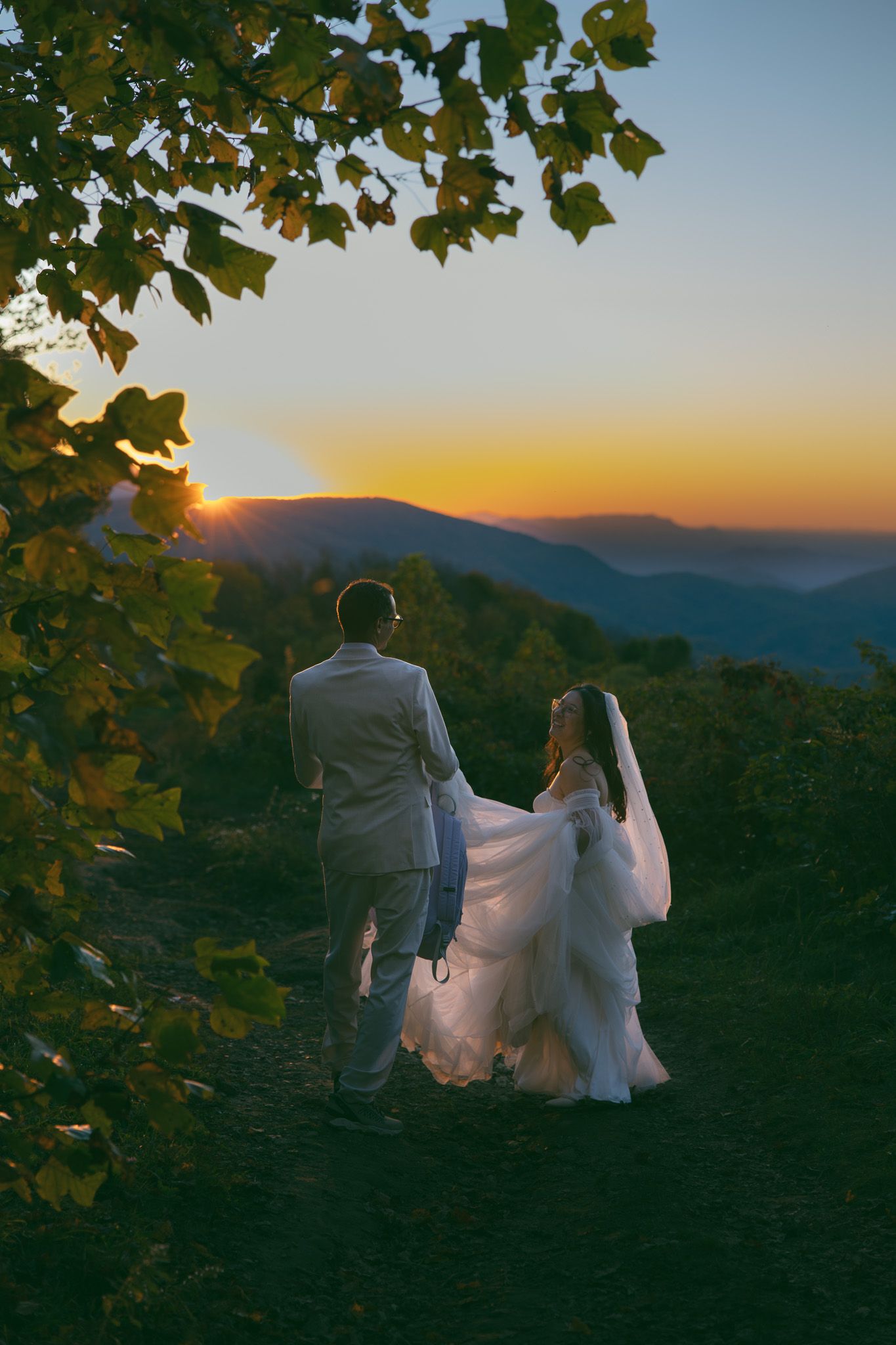 blue ridge mountains sunset elopement wedding day bride groom dancing romantic dress asheville fall trees