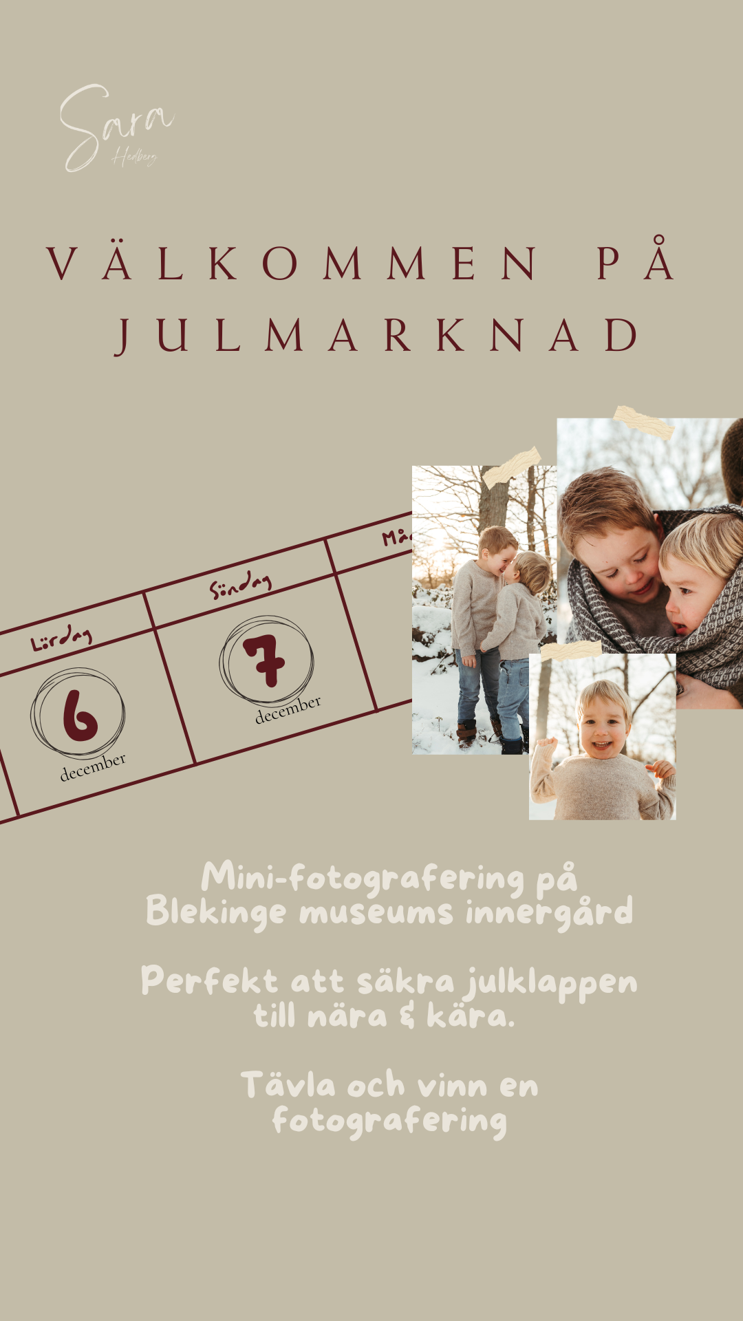 A vintage-style collage of holiday market event announcements in Swedish featuring photography and museum activities.
