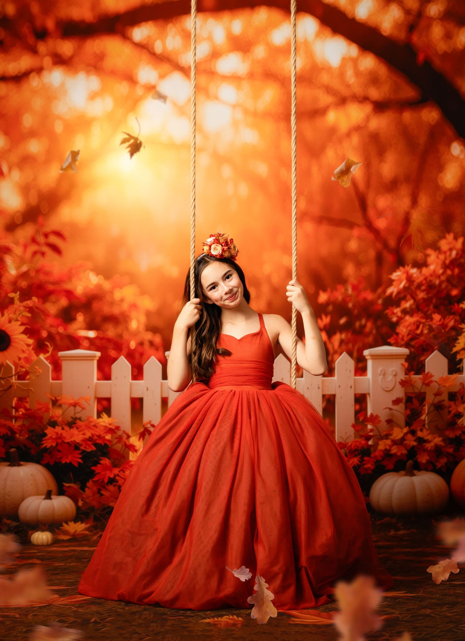 A girl in a red ball gown sits on a rope swing surrounded by vibrant autumn foliage and white picket fence.