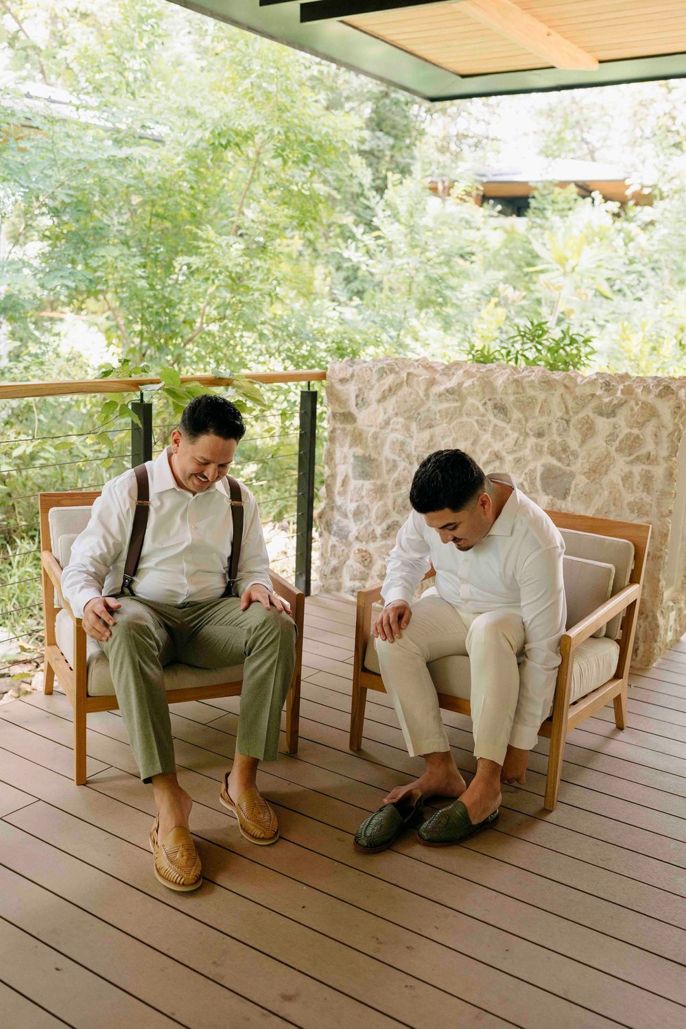 Couple getting ready together before their Rio Perdido elopement in Guanacaste.
