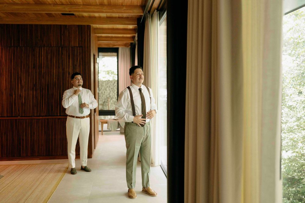 Intimate morning moments before LGBTQ+ elopement at Río Perdido, Guanacaste.