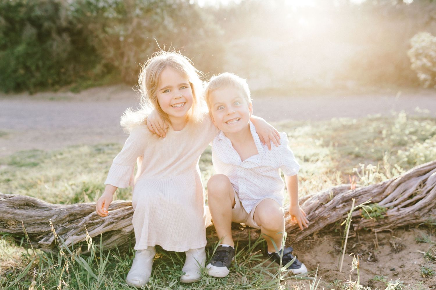 A collection of casual outdoor family photos taken during golden hour with warm sunlight filtering through trees.