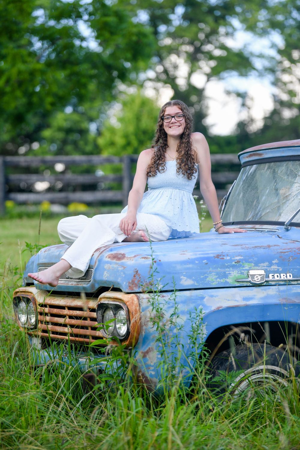 An artistic portrait series featuring a vintage blue Ford automobile in tall grass during a summer photoshoot.