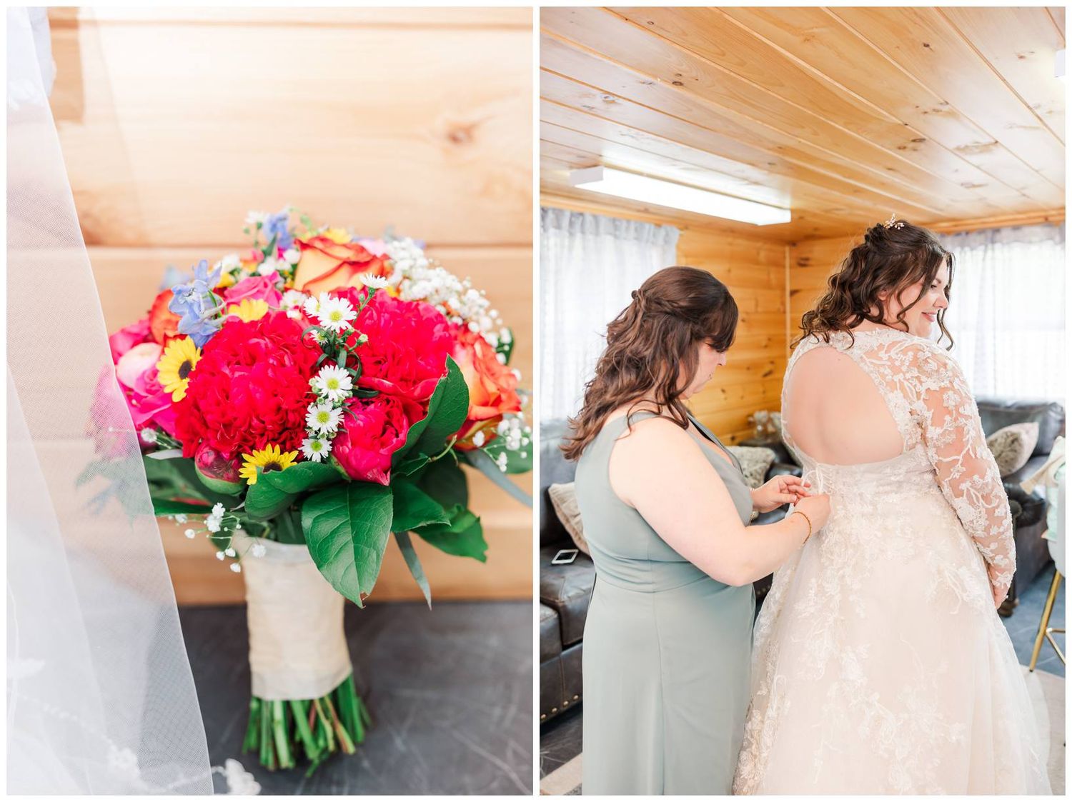 Wedding bouquet of vibrant red dahlias and colorful flowers next to preparation moments in wooden paneled room.