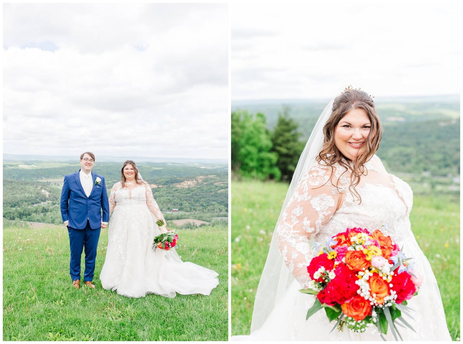 Wedding couple stands on a hilltop meadow with vibrant red and orange floral bouquet against rolling landscape views.