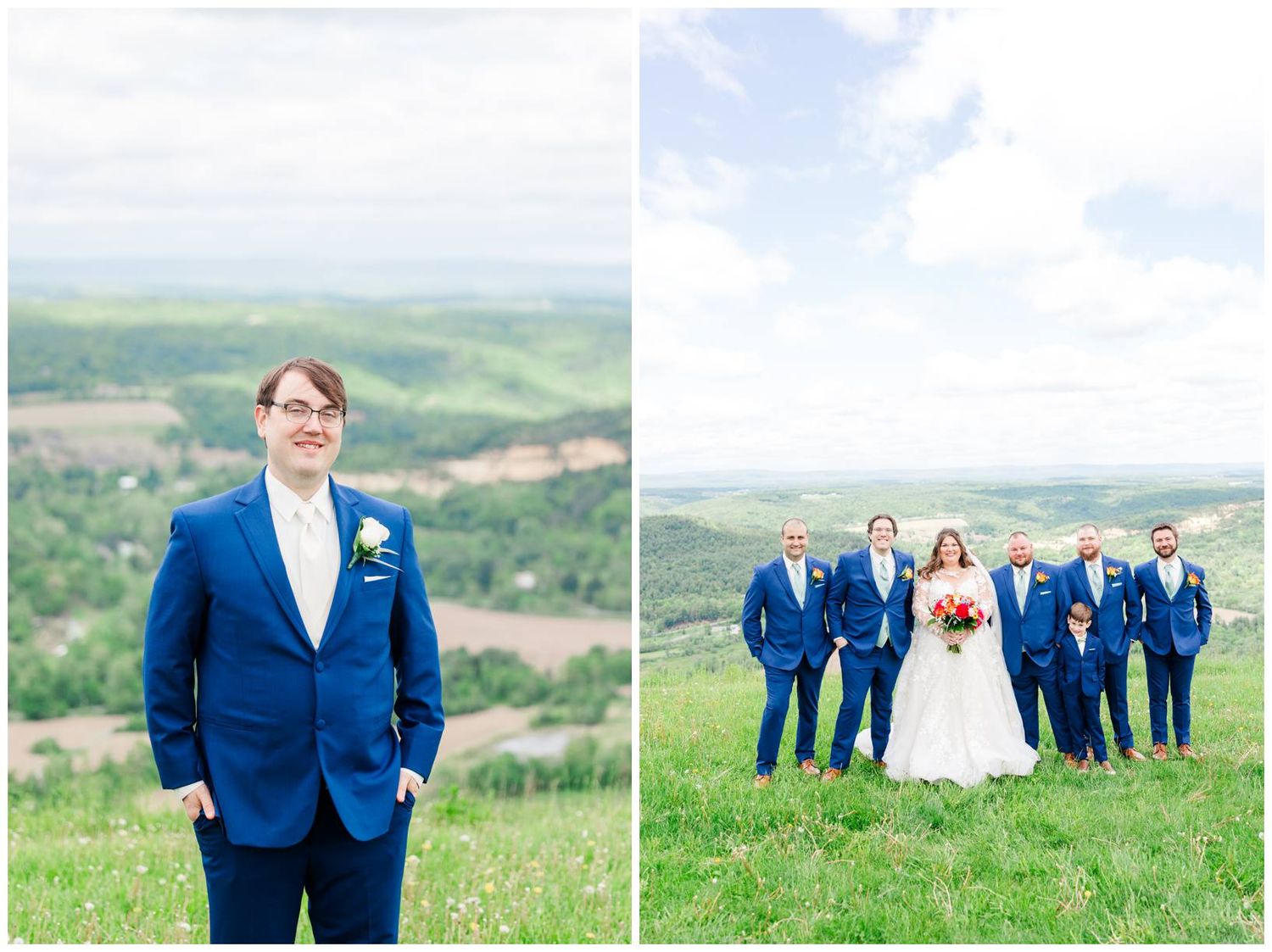 Wedding party in blue suits and white gown pose together on lush green hilltop overlooking scenic valley landscape.